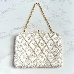 Vintage Cream Convertible Clutch Evening Bag With Sequins & Beads Hand Made